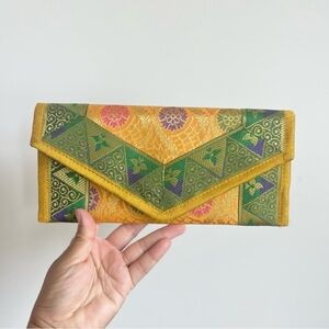 Handcrafted Ethnic Clutch or Wallet Tribal or Eastern Boho Silk Style Yellow